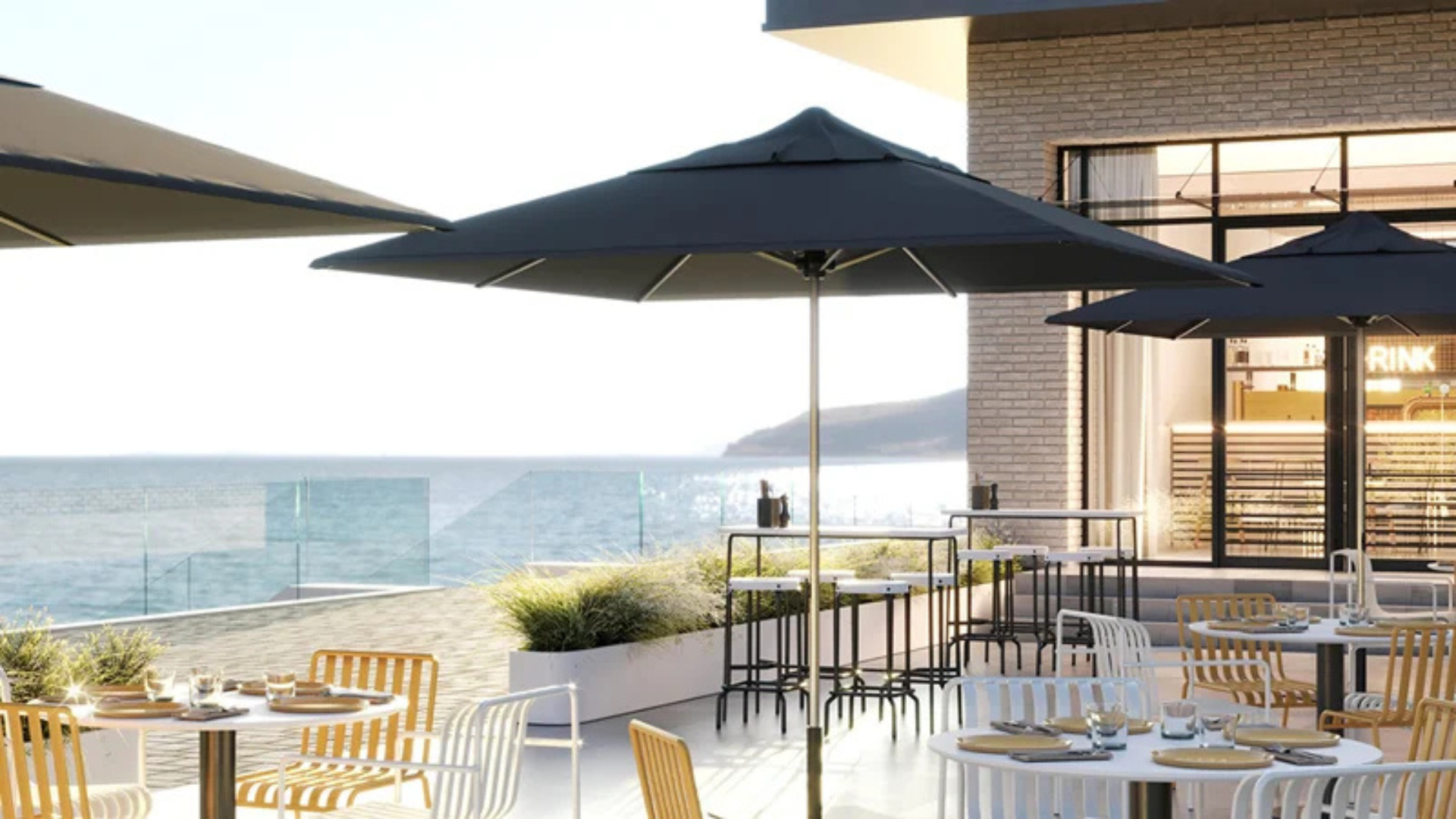 Shadowspec Umbrellas in a restaurant's outdoor space